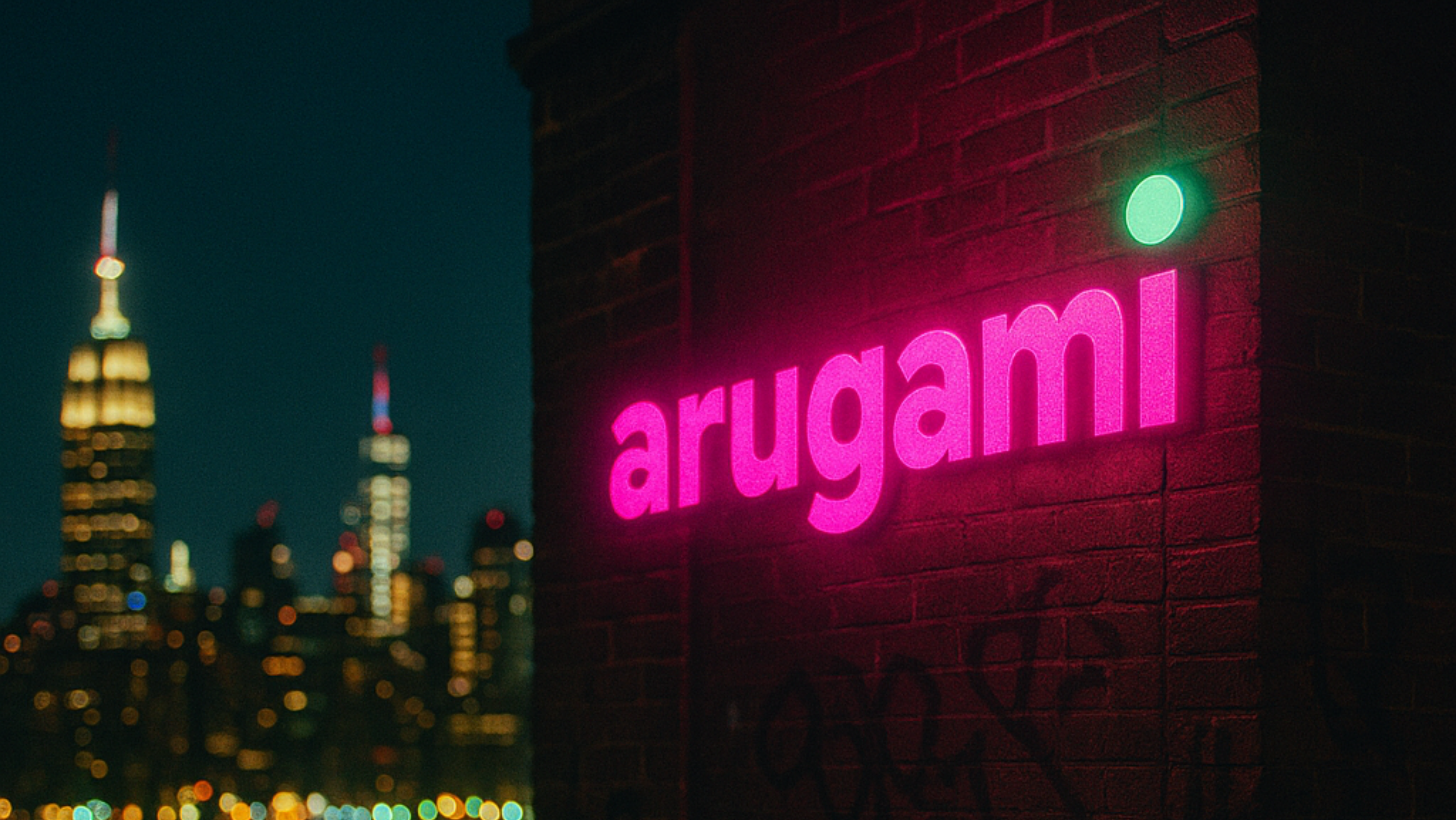 Arugami neon sign against NYC skyline